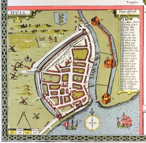 Skrog, detalj fra kartet over North and East Ridings of Yorkshire, gravert av Jodocus Hondius (1563-1612) fra John Speeds "Theatre of the Empire of Great Britain", pub. av John Sudbury og Georg